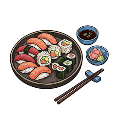Round Sushi Assortment With Salmon, Tuna, Nigiri, Maki Rolls, Soy Sauce Bowl, Scallions, Pickled Ginger, Wasabi And Chopsticks Vector Illustration © vectro