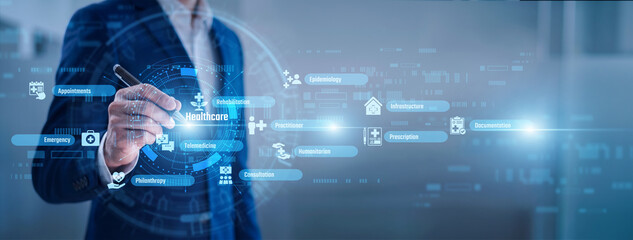 Fototapeta premium Doctor point of Healthcare concept. Medical professionals provide essential wellness services. Digital Healthcare systems improve patient monitoring and ensure efficient data management.