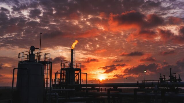 Industrial refinery burning flare at sunset coastal plant