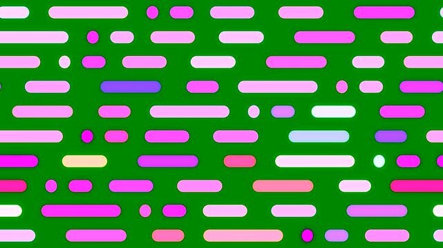 A playful and energetic motion background featuring a grid of bright pink, purple, and green capsule-shaped dashes horizontally scrolling across a vibrant green field. Perfect for pop-culture, gaming,