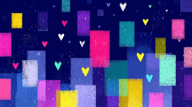 Y2K pop retro pixel art rectangles with heart icons on navy blue SNS abstract background