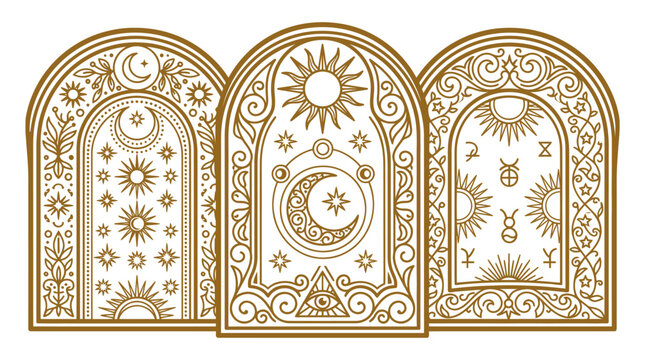 Celestial Archway Frames with Mystical Symbols Vector Illustration