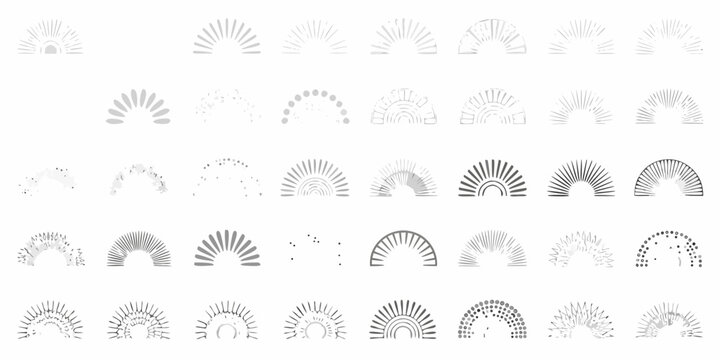 Collection Of Fifty Sunburst And Ray Illustrations Linear Designs On A White Background abstract