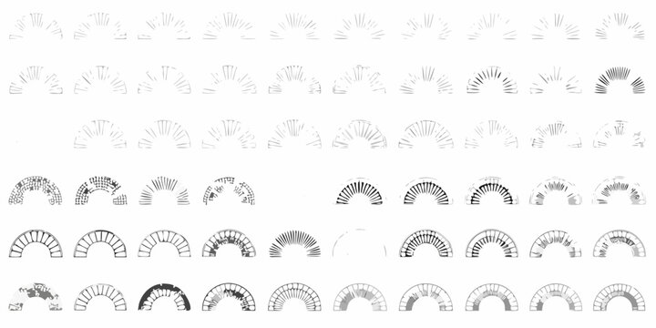 Collection of fifty black and white sunburst ray patterns on a white background abstract