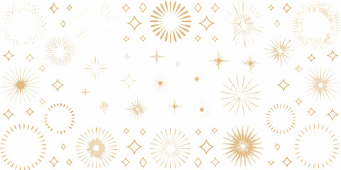 Obraz premium Golden starburst pattern with scattered sparkles on a plain white background decorative design sparkle