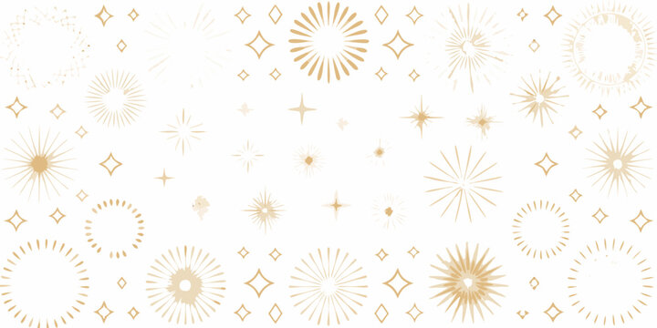 Golden starburst pattern with scattered sparkles on a plain white background decorative design sparkle