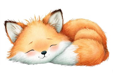 Obraz premium Soft watercolor artwork featuring gentle fox resting in calm position on minimal white background. Ideal for stationery, posters, kids illustrations, cozy seasonal design projects