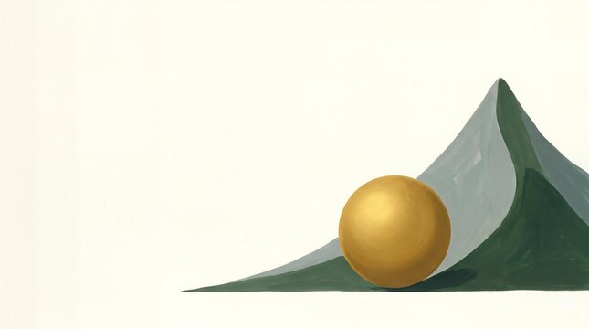 Minimalist painting of a large golden sphere resting at the base of a sweeping green and grey mountain curve