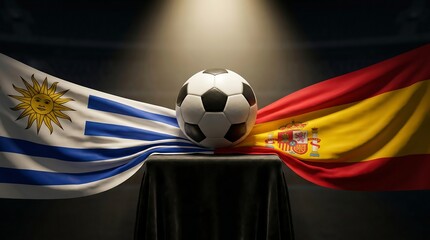 Fototapeta premium Soccer ball between the flags of uruguay and spain on a podium