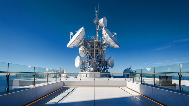 Telecommunications tower with satellite dishes on a building rooftop. Advanced antenna array transmitting data against a blue sky. Digital connectivity concept for technology and infrastructure.