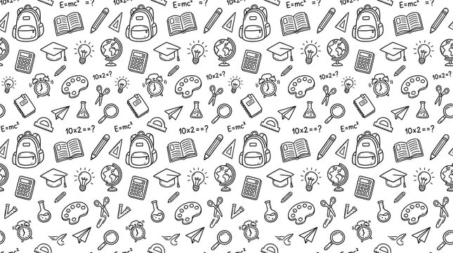 Seamless pattern with school supplies, education icons, backpacks, books, globes, calculators, and pencils, handdrawn doodle style, isolated on white background