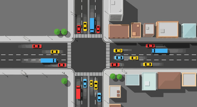 Aerial view of busy city intersection with cars, trucks, and buildings