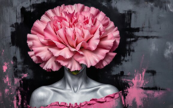 Pink flower replaces head on metallic figure against bold black and pink background.