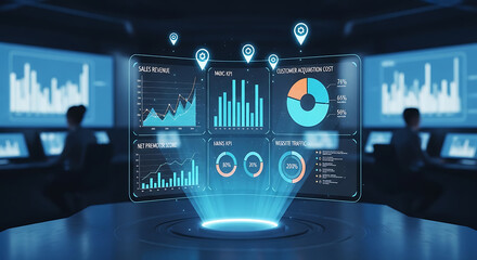 Fototapeta premium A futuristic control room displays various graphs and charts on a large screen with two people analyzing data in the background.