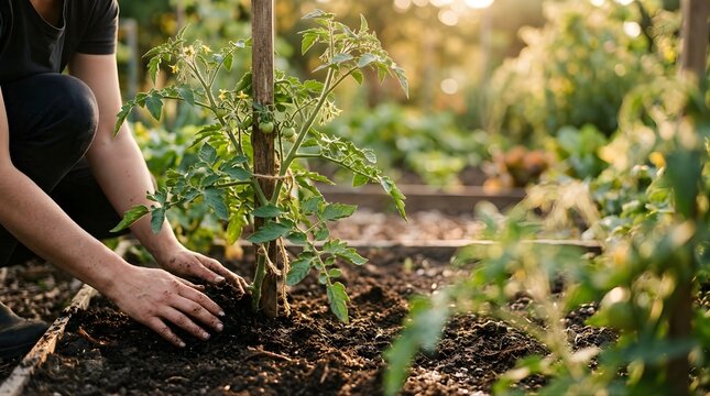 Person planting tomato seedlings in a garden soil bed at sunset