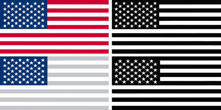 Four variations of the american flag presented as flat vector illustrations with differing color schemes