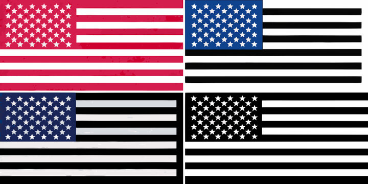 Four Variations Of The American Flag In A Flat Vector Style Featuring Different Color Schemes