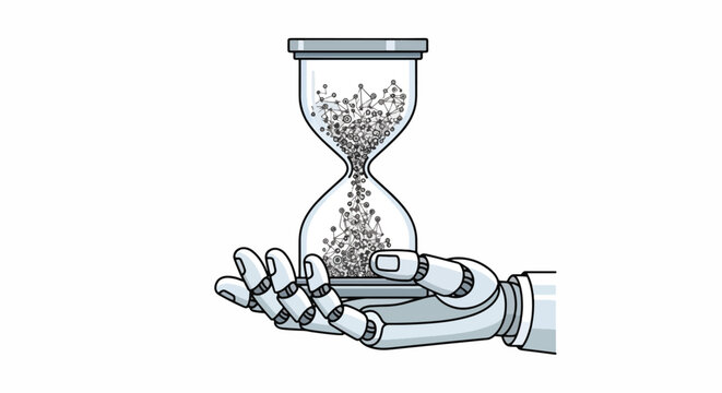 Conceptual illustration of a robotic hand holding an hourglass, signifying the digital era's relationship with time, AI, data flow, and technological progress.