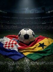Fototapeta premium Soccer ball resting on the flags of croatia and ghana in a stadium