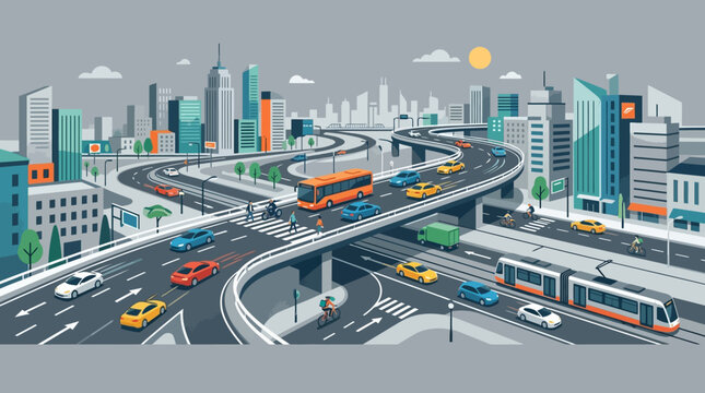 Busy City Intersection with Traffic, Cars, Tram, and Bus Overpass