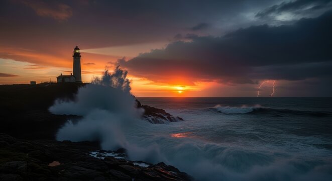 Dramatic sunset over a rugged coastline with a lighthouse and crashing waves.