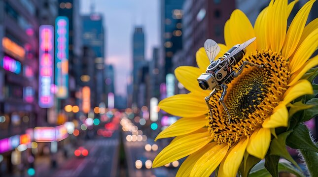Robotic mechanical bee pollinating a sunflower in a vibrant city at dusk