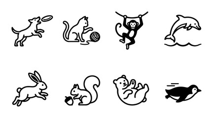 Obraz premium Playful Animal Icons Set: Dog, Cat, Monkey, Dolphin, Rabbit, Squirrel, Bear, Penguin Vector Graphics