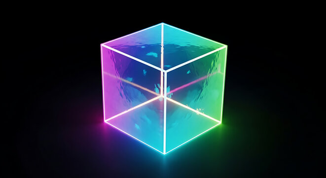 Vibrant neon cube glows brightly in dark space with futuristic technology