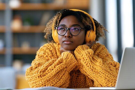 Young woman listening music and daydreaming at home