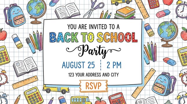 Back to school party invitation template with cute school supplies, colorful pencils, backpacks, globes, books, calculators, and alarm clocks on a grid background