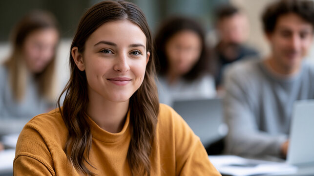 Smiling female university student attending a lecture in a classroom, looking at the camera while learning and focusing on her education among diverse classmates