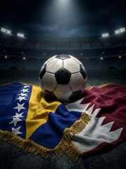 Naklejka premium Soccer ball resting on the flags of bosnia and herzegovina and qatar