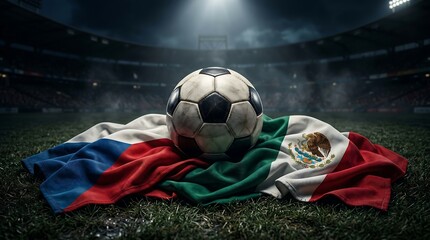 Naklejka premium Soccer ball resting on flags of czech republic and mexico on stadium field