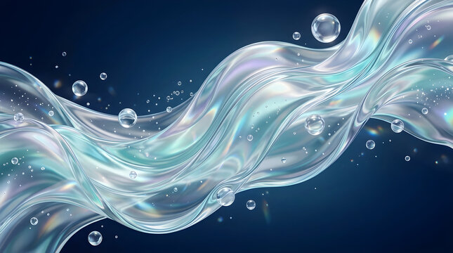 Abstract liquid wave with floating bubbles and colorful flowing shapes on a dark blue background