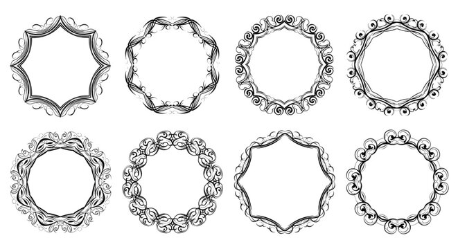 Set of decorative circular frames with ornate patterns in black and white for wedding invitations and vintage style logo designs.