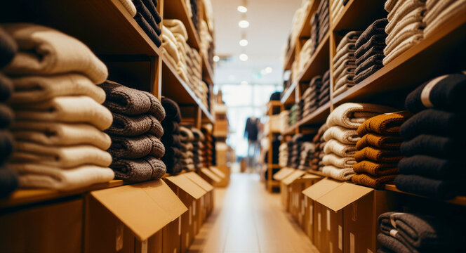 Neatly folded sweaters and knitwear on wooden shelves in a clothing retail store. Rows of apparel in neutral tones are organized for display. Ideal for fashion marketing and retail business themes.