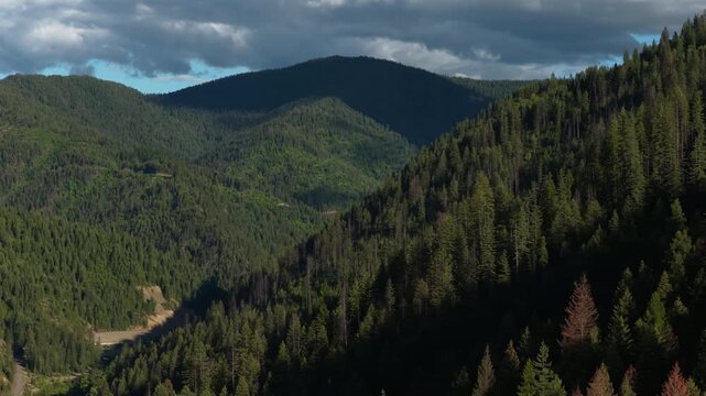Aerial of forested mountains in Shoshone County Idaho with dramatic clouds and dense evergreen forest in spring