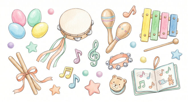 Japanese Baby Music Class Instruments Rhythm Flat Lay Watercolor Illustration