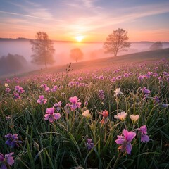 Naklejka premium Stunning Sunrise Over A Meadow Of Pink Wildflowers And Misty Landscape.