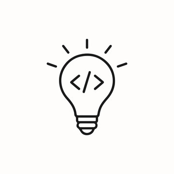 Light bulb icon with programming code symbols minimalist design, lightbulb