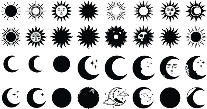 Black sun and moon icons set, celestial symbols with faces and crescent shapes, mystic astronomy vector design elements