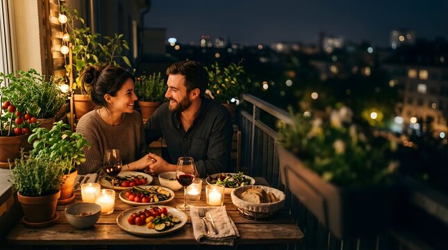 Young couple enjoying a romantic dinner on a plant-filled city terrace