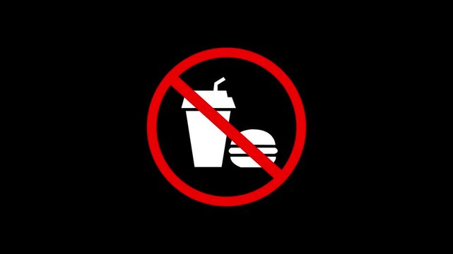 No junk food allowed isolated on transparent background ,No food or drink prohibited sign icon. Fast food and beverage restriction symbol. on a black background 4k animation video