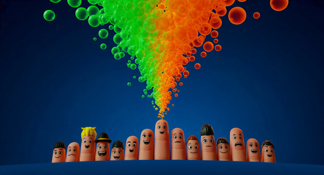 Row of cartoon finger characters with diverse faces. One central finger bursts with a colorful bubble explosion. Creative idea concept for digital marketing, storytelling, and social media.