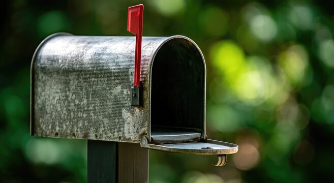 Weathered metal mailbox with open door and red flag raised, set against foliage