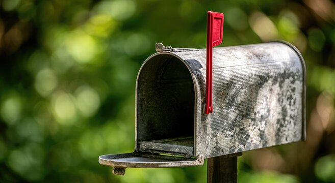 Old, weathered metal mailbox stands open, red flag up, against greenery