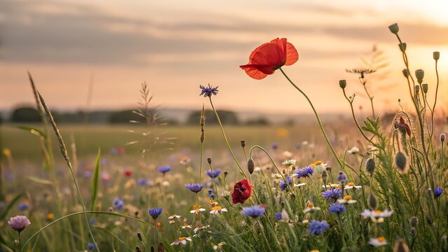 Beautiful wildflower field at sunrise with red poppies and blue cornflowers