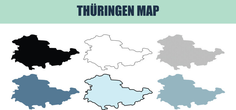 Six different style fill stock line and lined maps of Thuringia region with white background