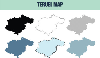 Six different style fill stock line and lined Teruel maps against a clean background representing geographic data © Rabeya