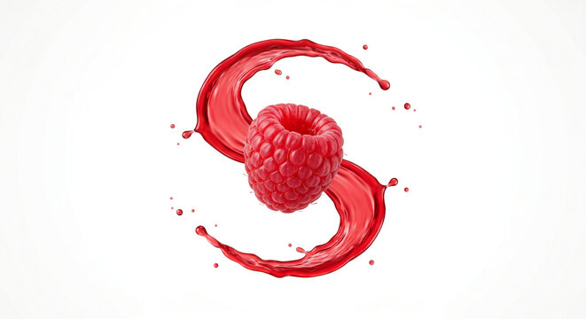 Distant shot of a raspberry with a simple S-shaped red juice splash behind it